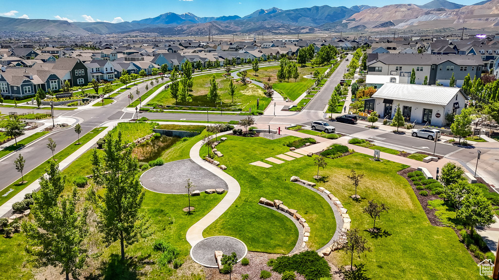 Aerial perspective of suburban area with mountains
