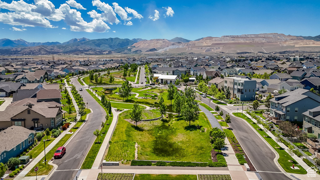 Aerial view of residential area with mountains