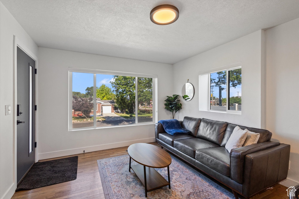 Living area featuring plenty of natural light, wood finished floors, and a textured ceiling