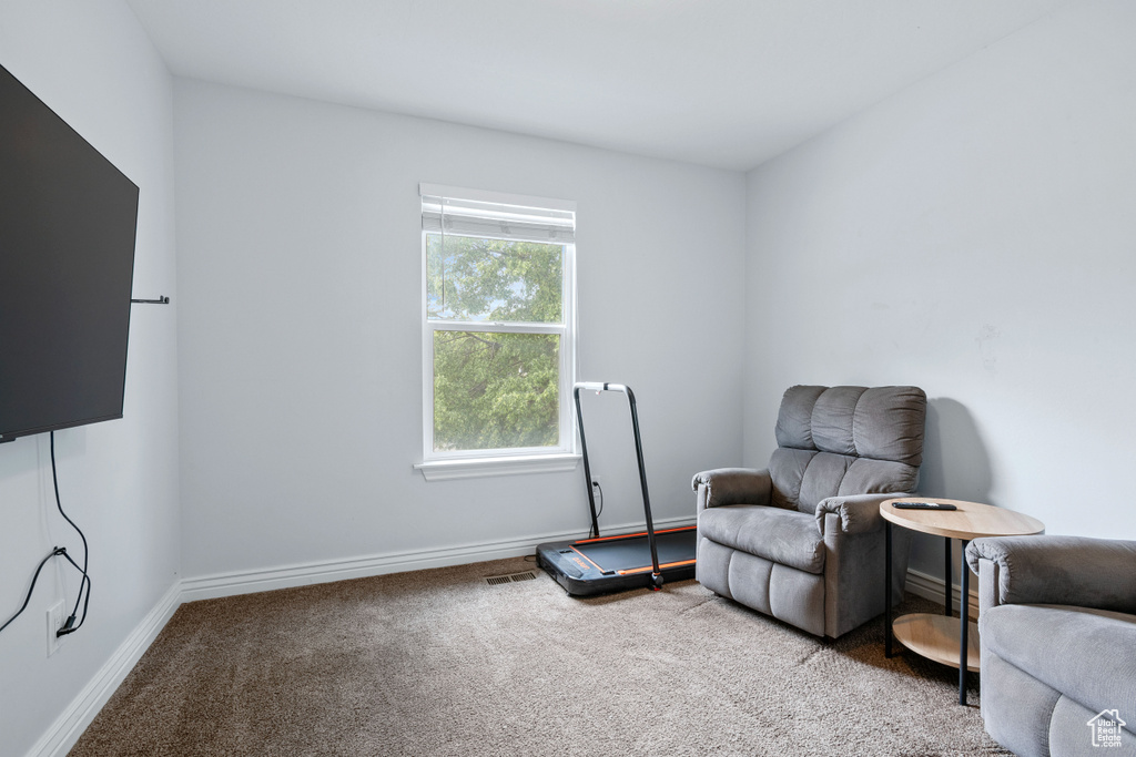 Living area featuring carpet floors and baseboards
