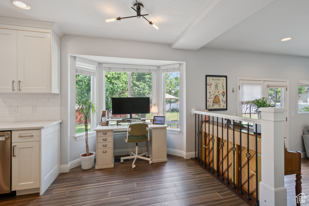 Office featuring dark wood-style floors, baseboards, and recessed lighting
