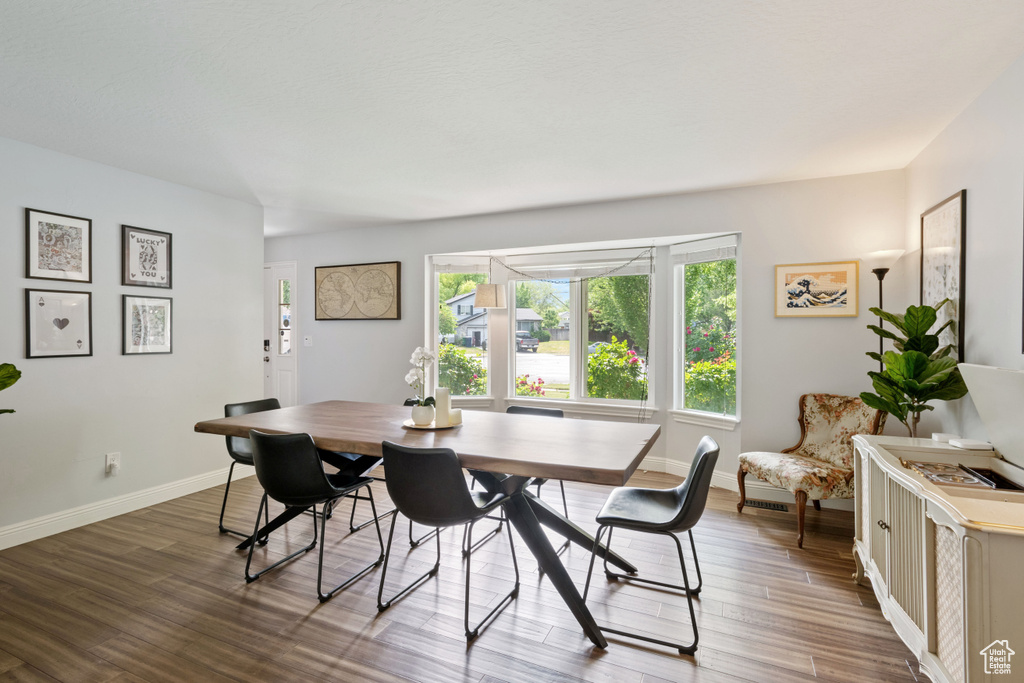 Dining space with healthy amount of natural light, wood finished floors, and baseboards