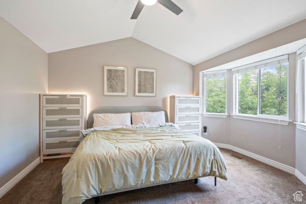 Carpeted bedroom with lofted ceiling, baseboards, and a ceiling fan