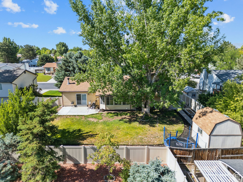 Fenced backyard featuring a patio
