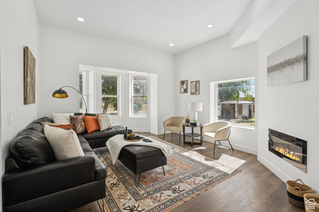 Living room with wood finished floors, recessed lighting, a glass covered fireplace, and baseboards