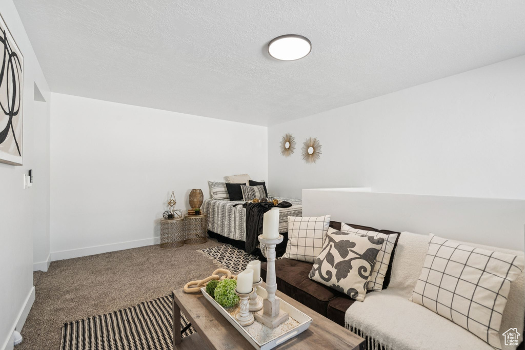 Living area featuring carpet flooring, baseboards, and a textured ceiling