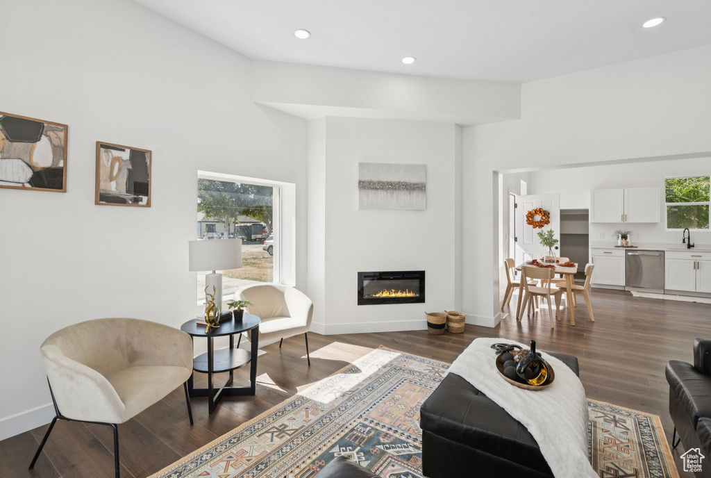 Living area featuring a glass covered fireplace, recessed lighting, dark wood-type flooring, and baseboards