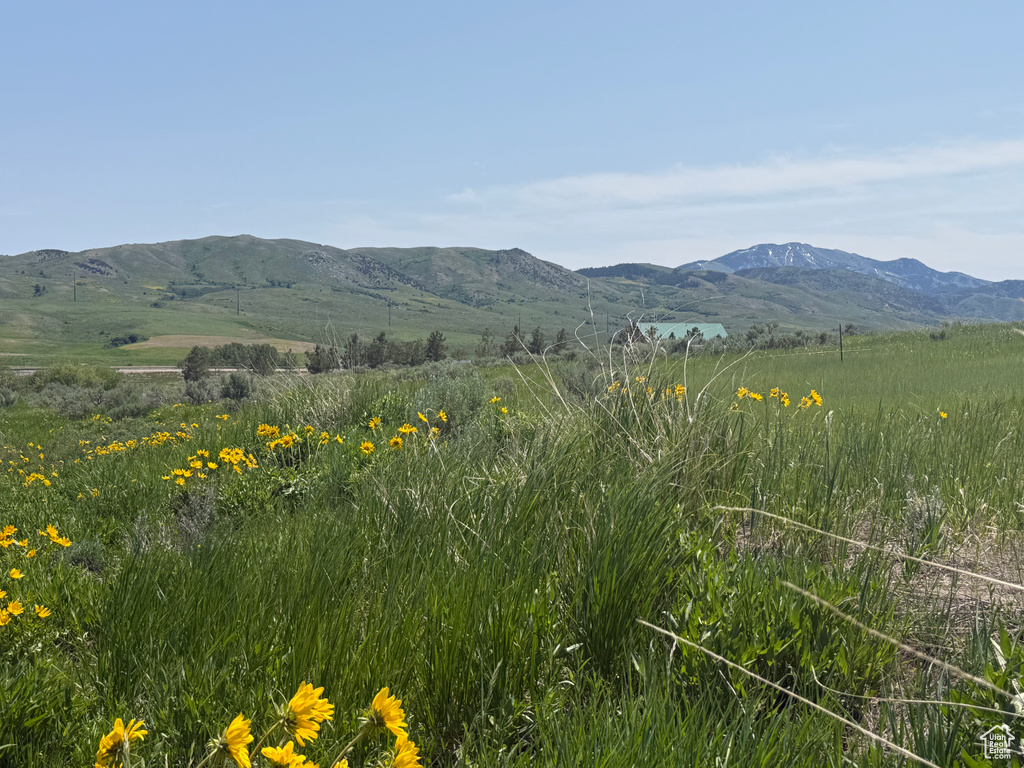 View of mountain backdrop with rural landscape