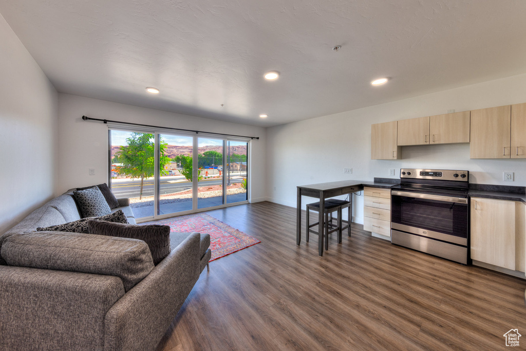 Living room featuring dark wood-type flooring and recessed lighting