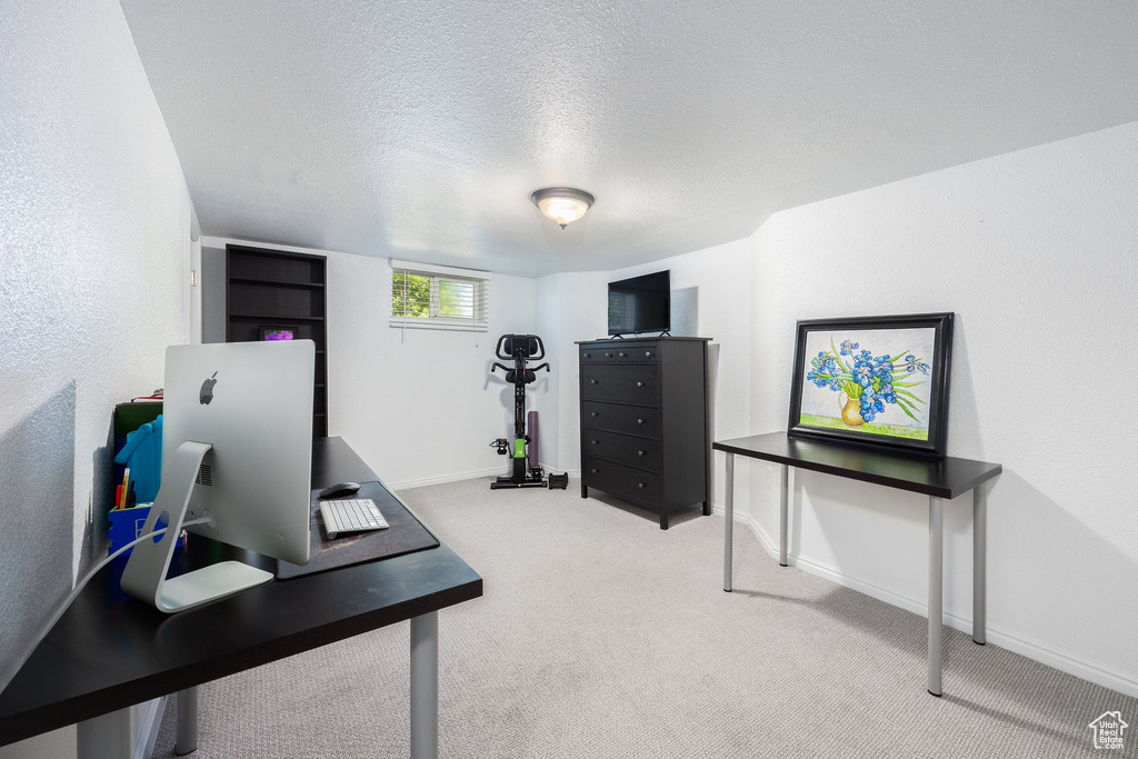 Home office with carpet floors and a textured ceiling