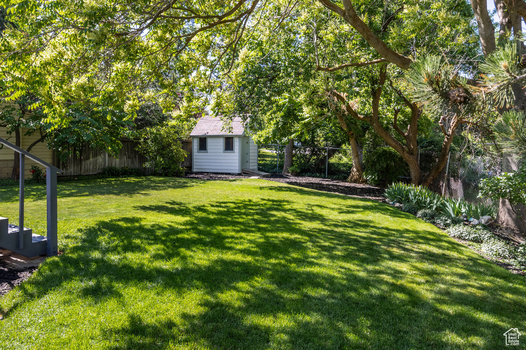 Fenced backyard with a storage unit