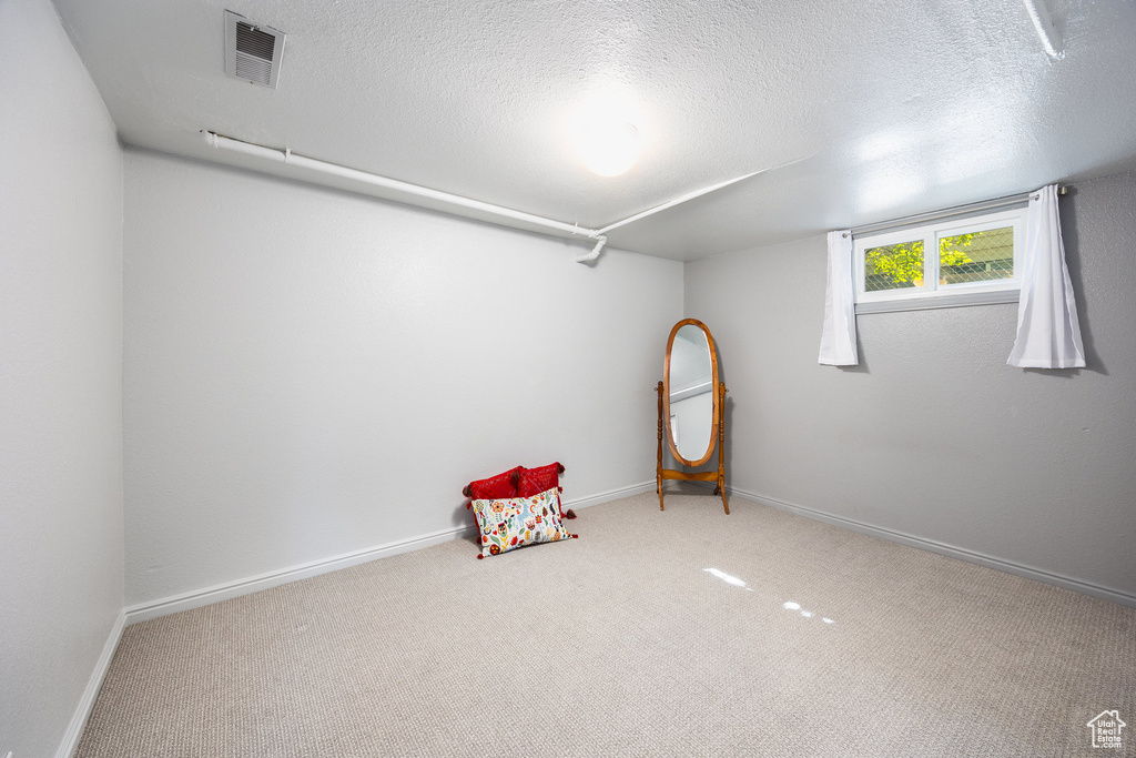 Unfurnished room featuring carpet floors and a textured ceiling