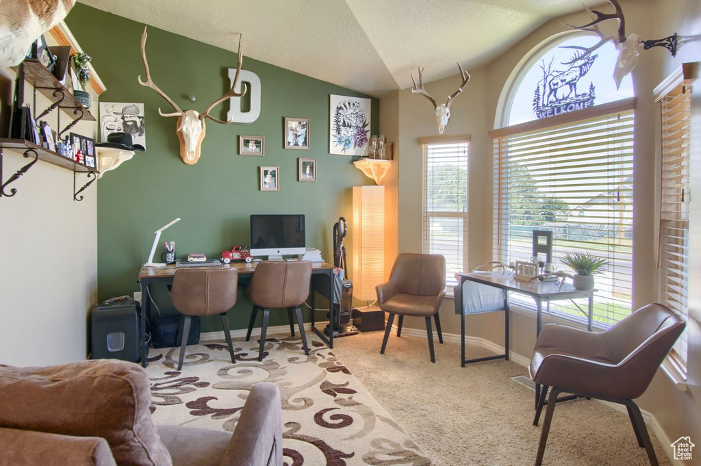 Carpeted office featuring lofted ceiling