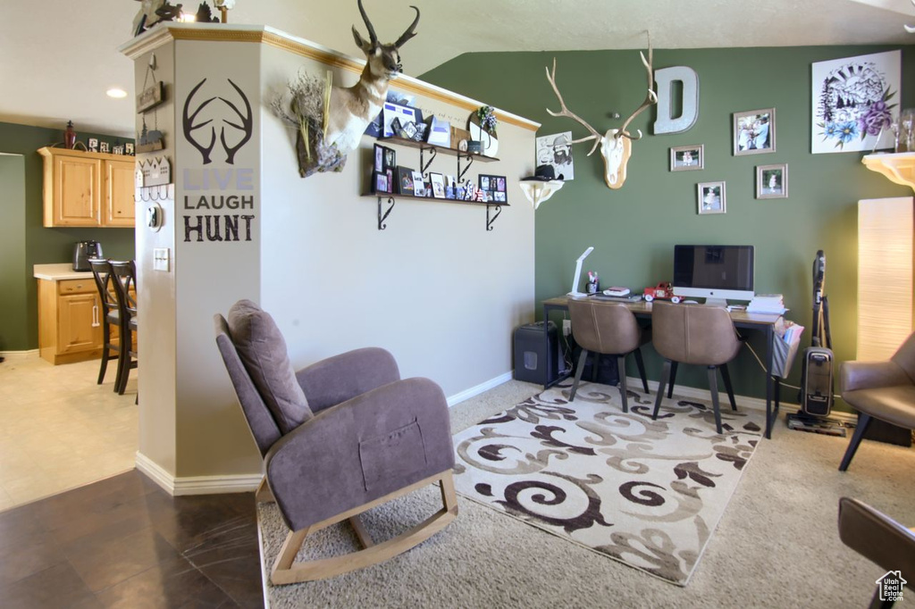 Office with baseboards and recessed lighting