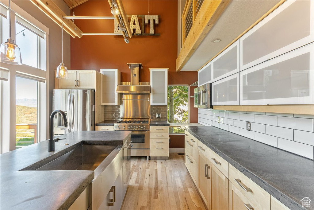 Kitchen featuring extractor fan, appliances with stainless steel finishes, a towering ceiling, light wood finished floors, and a sink