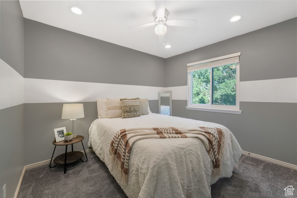 Bedroom featuring carpet flooring, recessed lighting, and ceiling fan