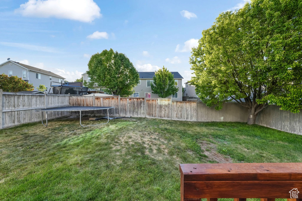 Fenced backyard with a trampoline and a residential view