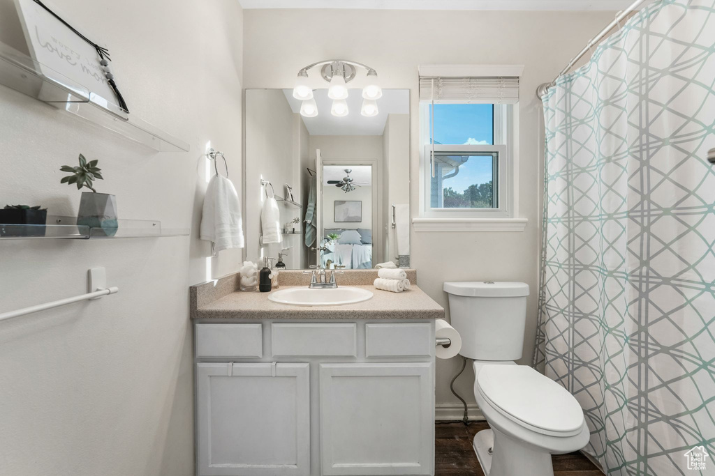 Full bath featuring vanity and a shower with shower curtain