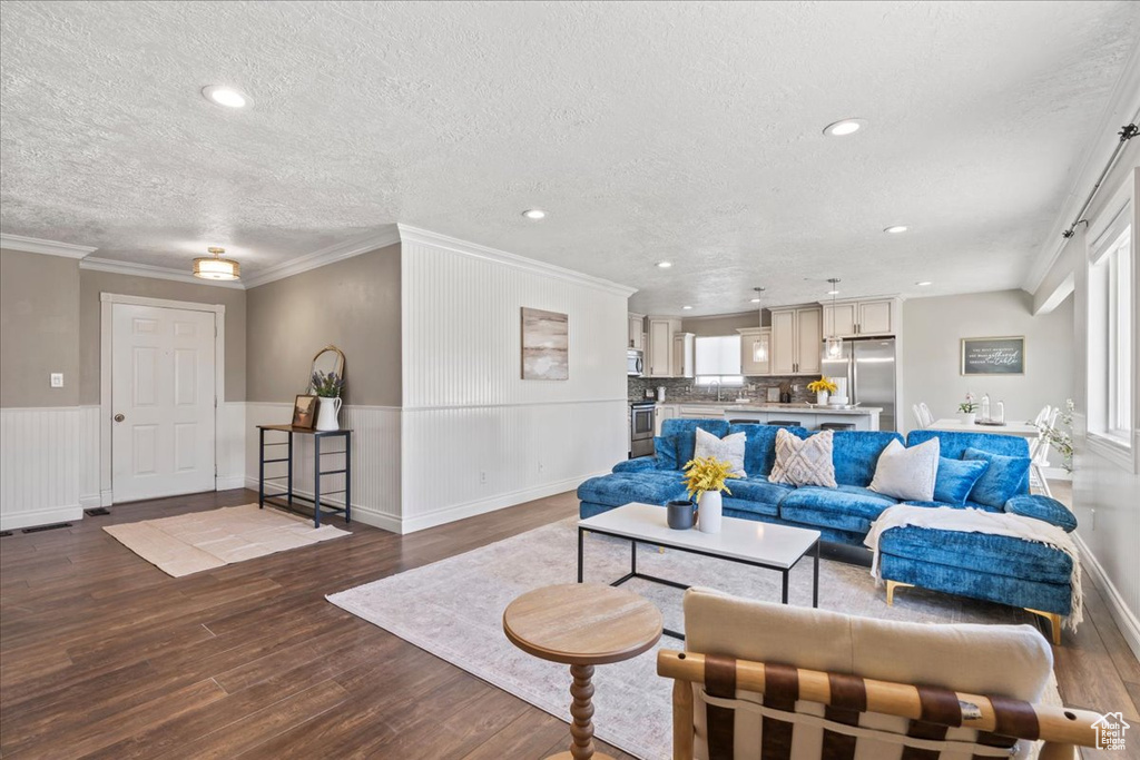 Living room featuring a textured ceiling, dark wood-type flooring, recessed lighting, crown molding, and wainscoting