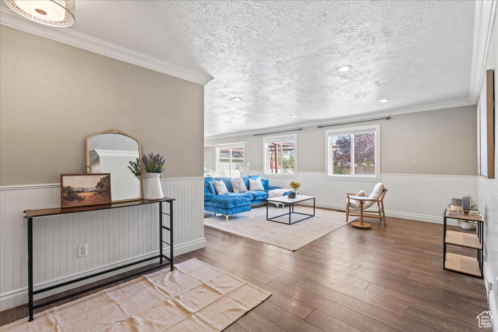 Living area with a textured ceiling, wainscoting, hardwood / wood-style flooring, and crown molding