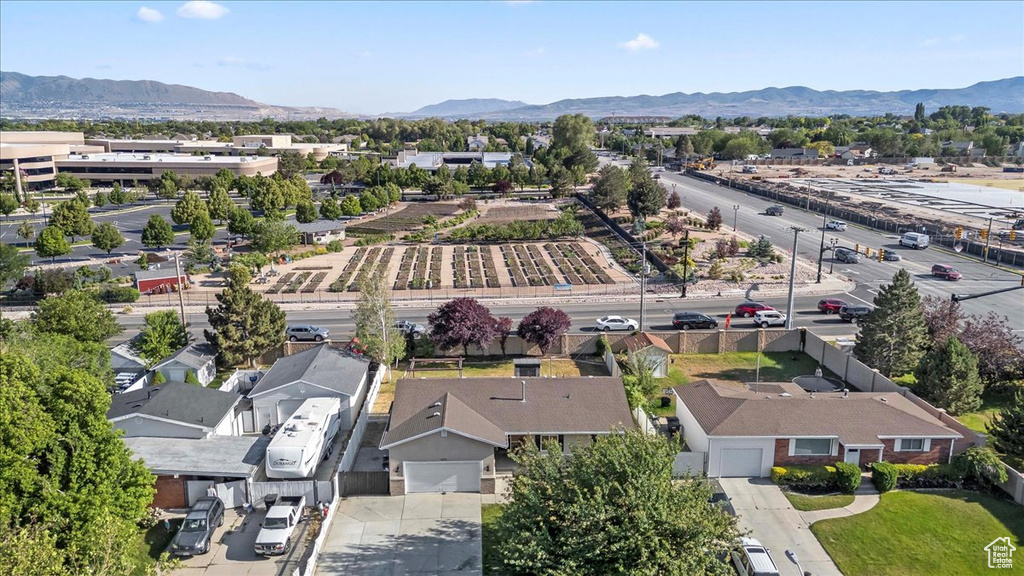 Aerial perspective of suburban area with mountains