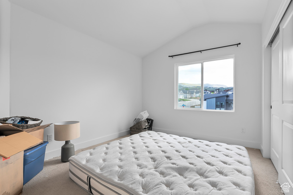 Bedroom featuring vaulted ceiling, a closet, and carpet floors