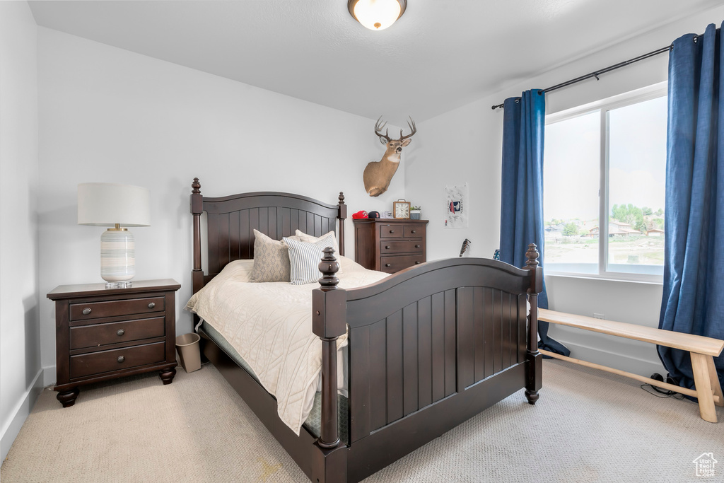 Carpeted bedroom featuring multiple windows