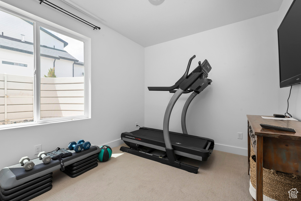 Workout area with baseboards and carpet floors