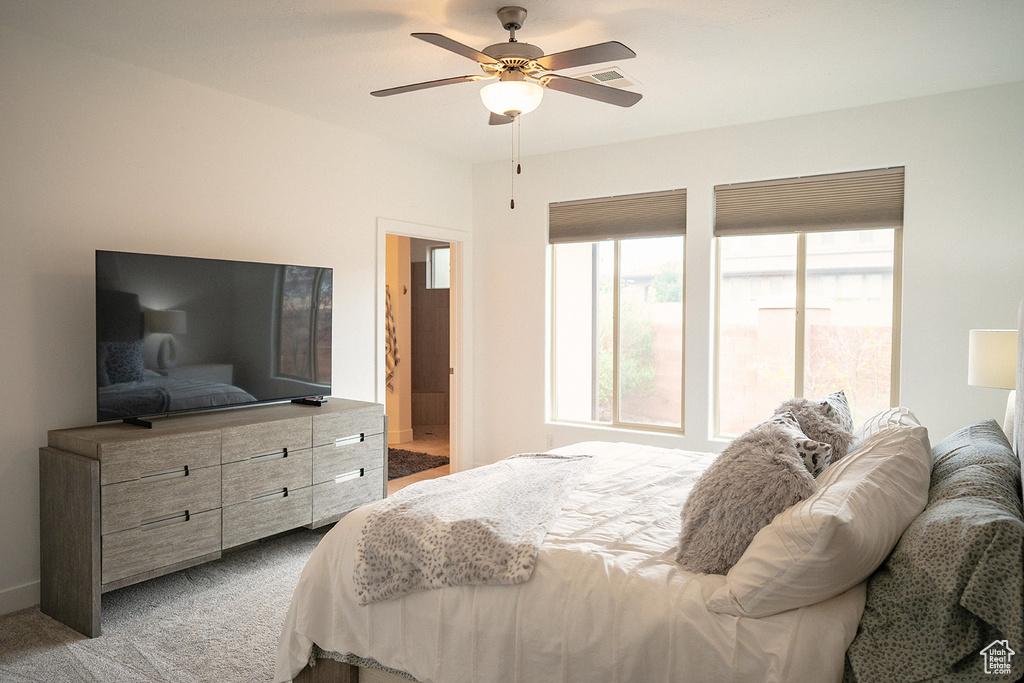 Bedroom featuring multiple windows, carpet floors, ceiling fan, and connected bathroom
