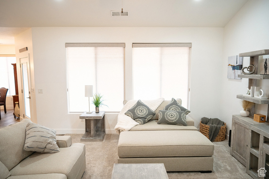 Living area with light colored carpet