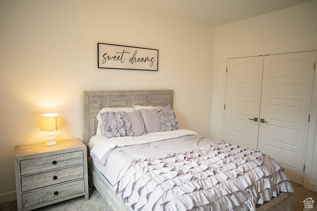 Bedroom featuring carpet floors and a closet