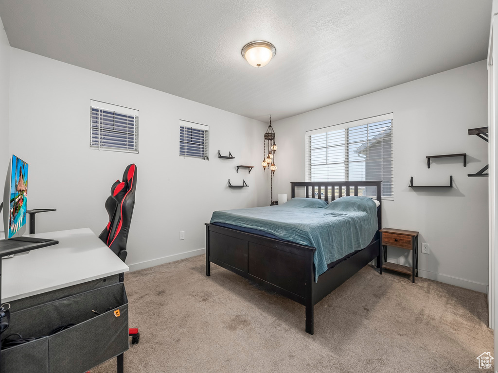 Bedroom featuring baseboards and light colored carpet
