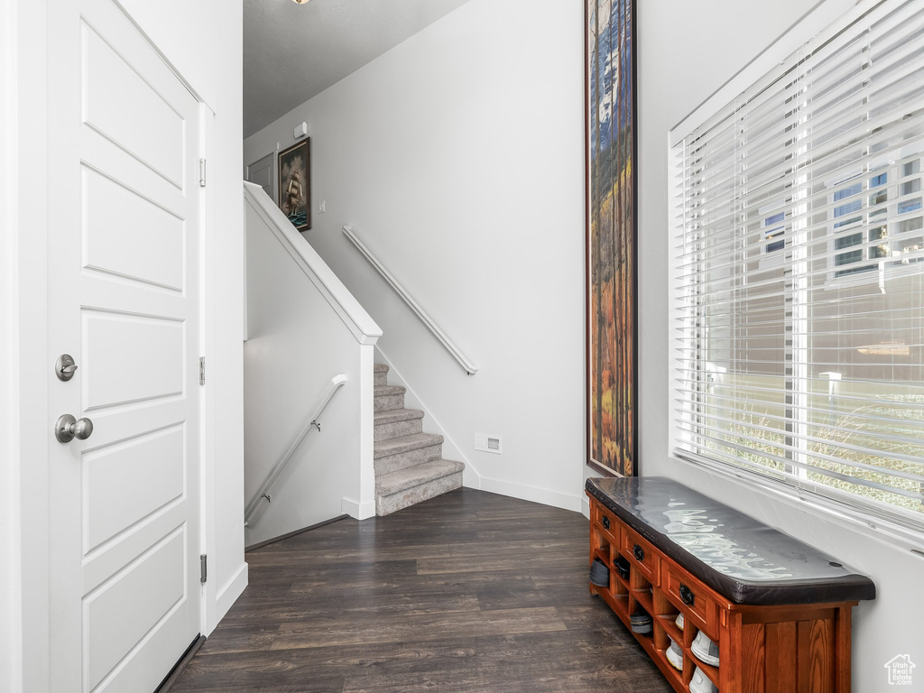 Foyer with dark wood-style floors and stairs