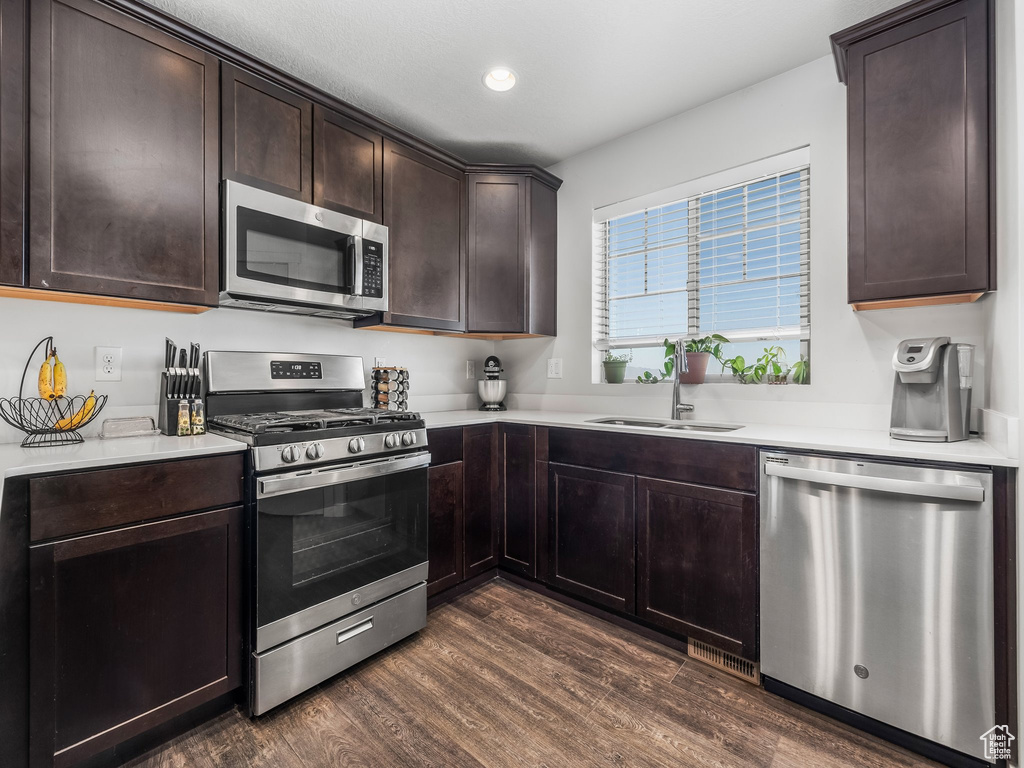 Kitchen with stainless steel appliances, dark wood-style floors, dark brown cabinetry, light countertops, and recessed lighting