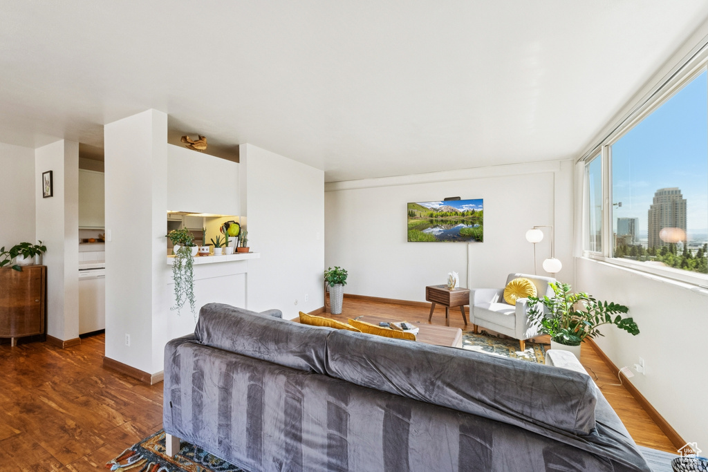Living room featuring wood finished floors and a view of city