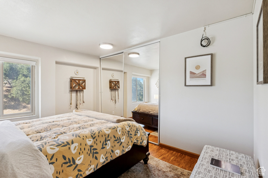 Bedroom with wood finished floors and a closet