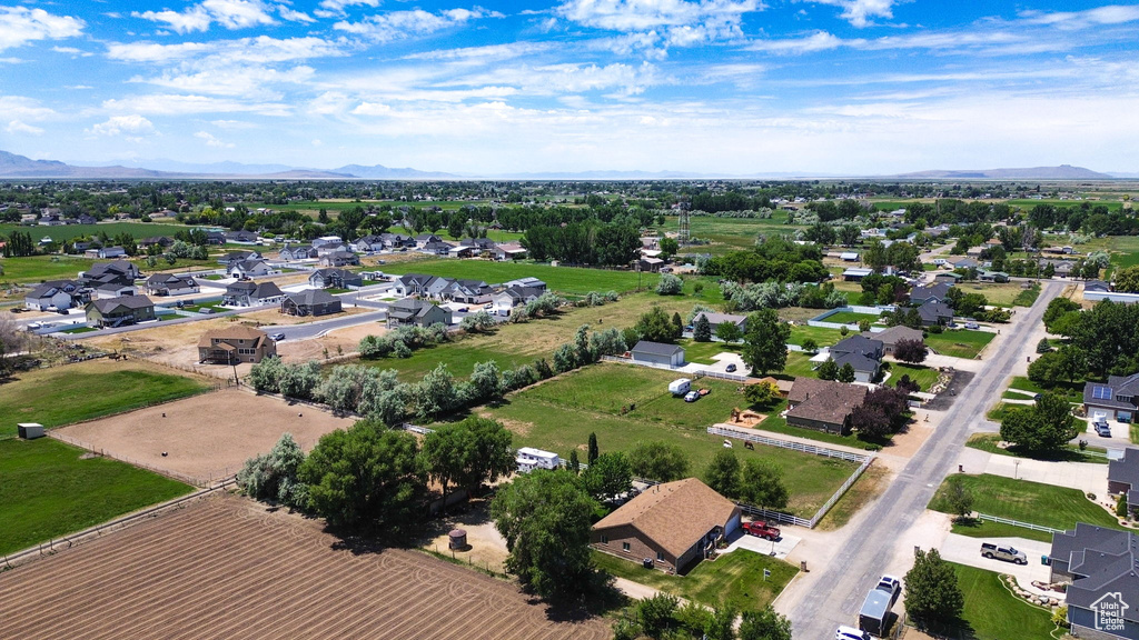 Aerial view of residential area with a mountain backdrop