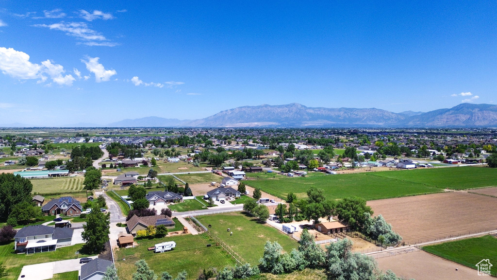 Aerial view of residential area with a mountain backdrop