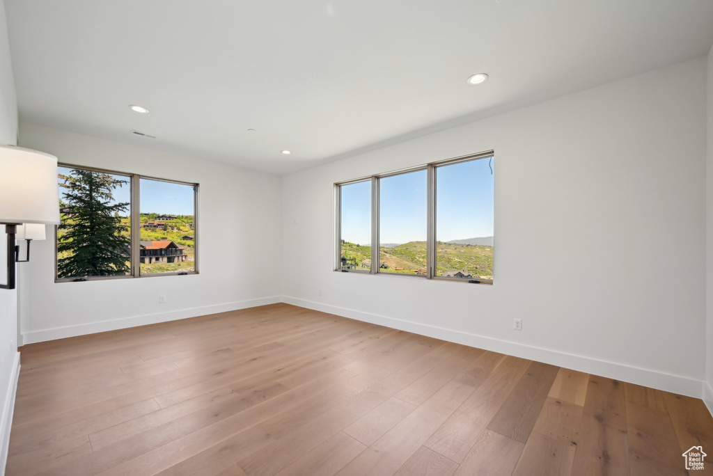 Spare room with plenty of natural light, recessed lighting, baseboards, and light wood-type flooring