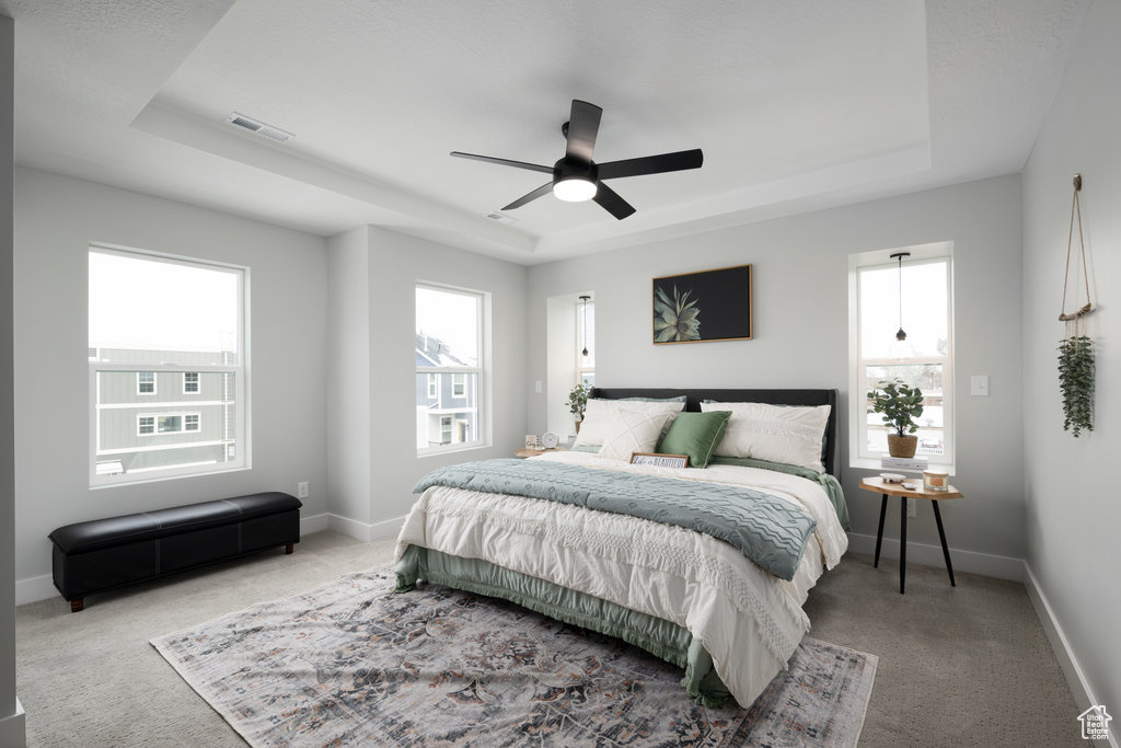 Carpeted bedroom featuring a raised ceiling, multiple windows, and a ceiling fan