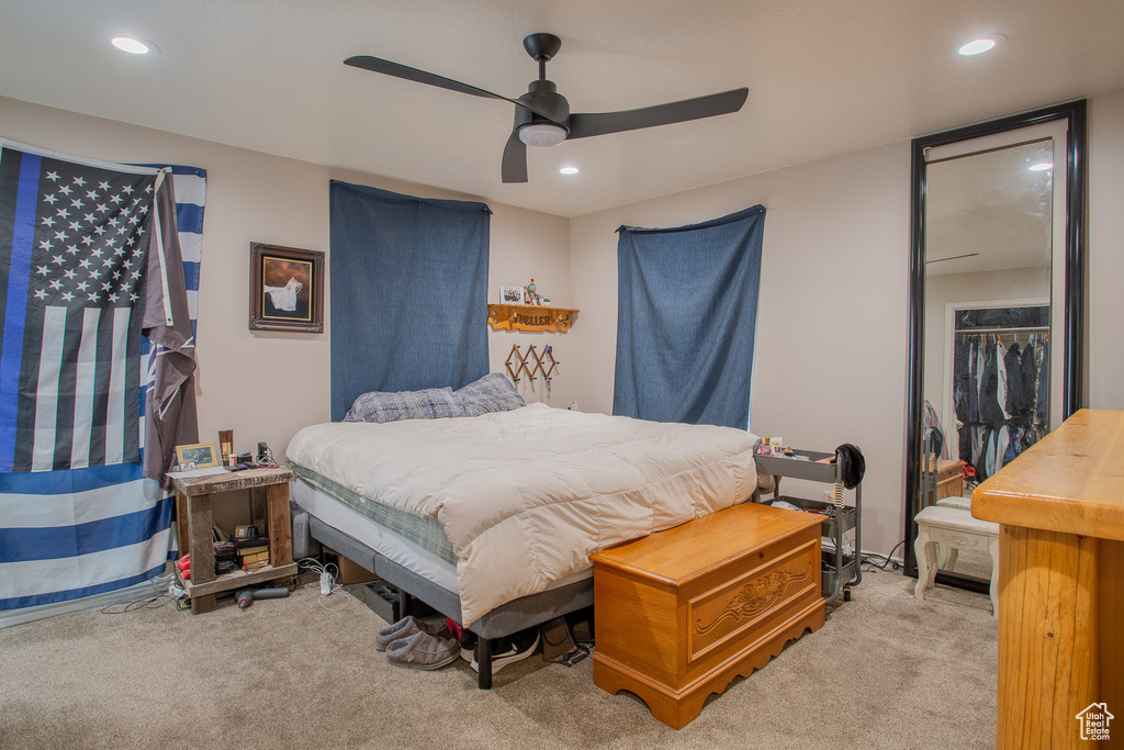 Bedroom featuring carpet, recessed lighting, and a ceiling fan