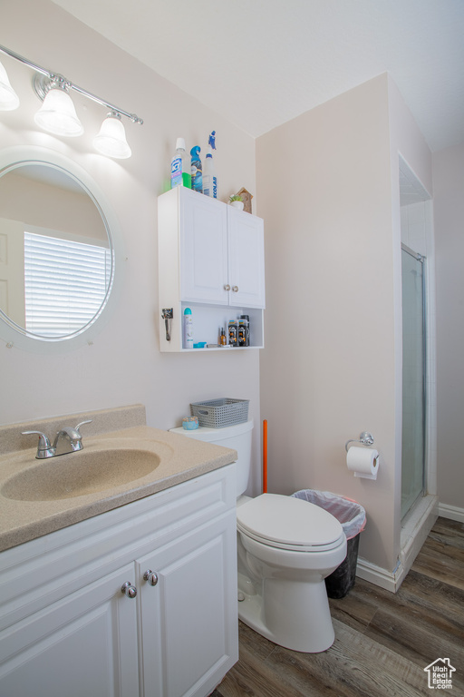 Bathroom with vanity, wood finished floors, and a stall shower
