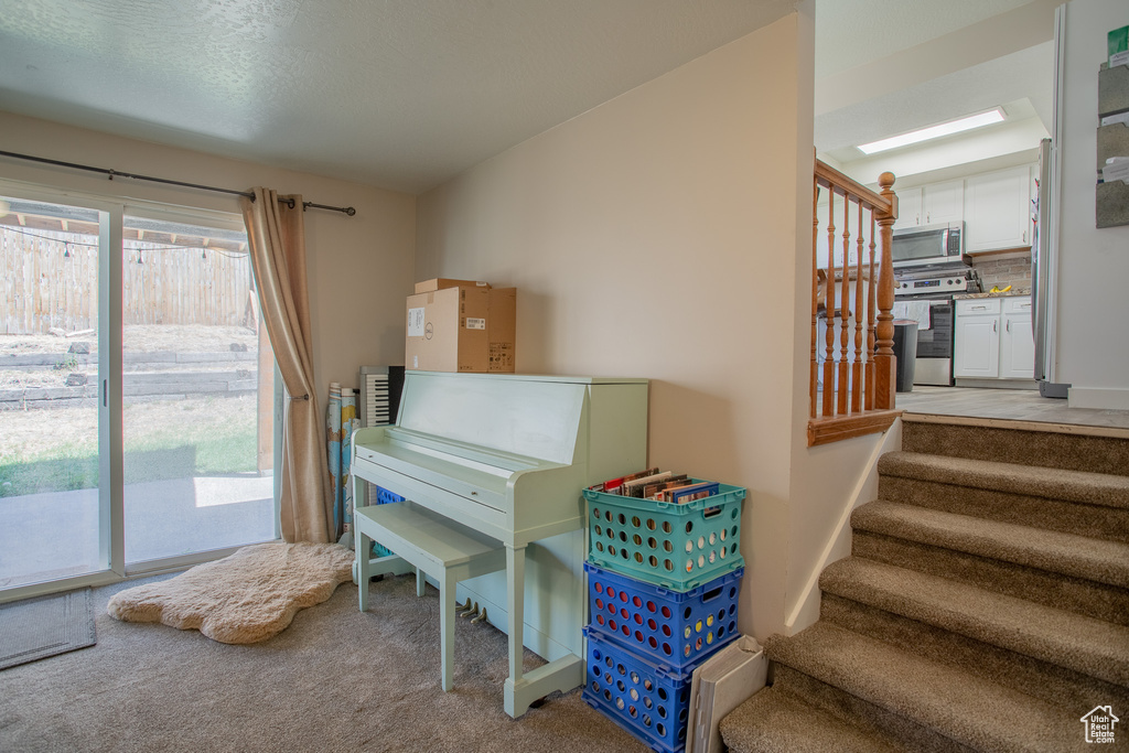 Office area with light colored carpet
