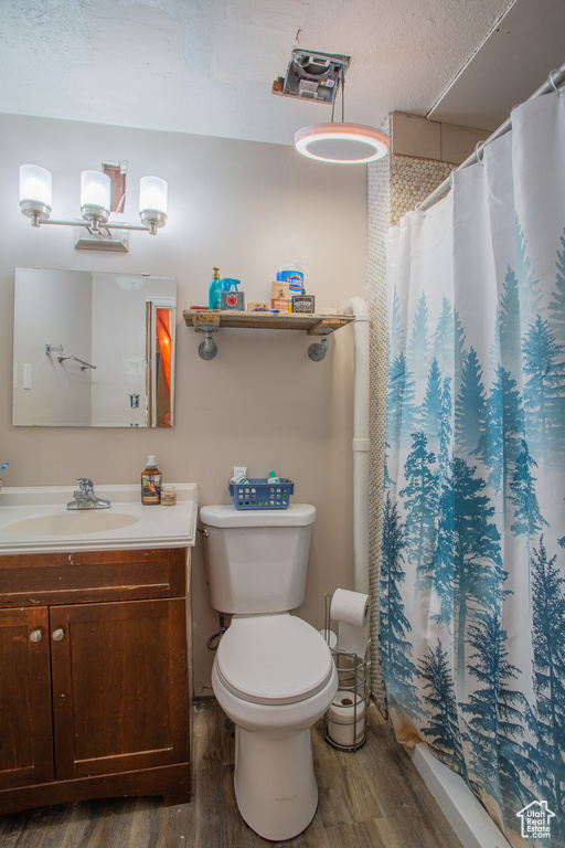Full bath featuring wood finished floors, vanity, and a shower with curtain