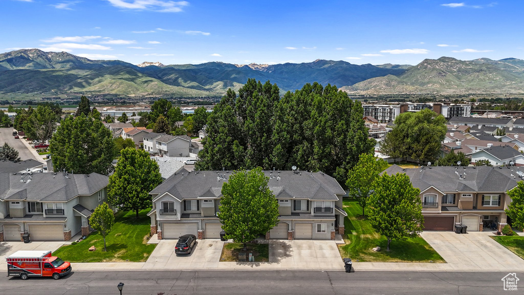 Aerial perspective of suburban area with mountains