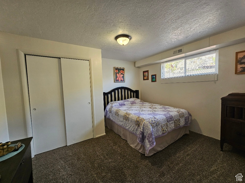 Carpeted bedroom featuring a closet and a textured ceiling