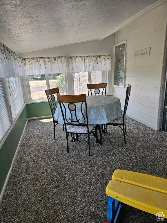 Carpeted dining area featuring a textured ceiling and baseboards