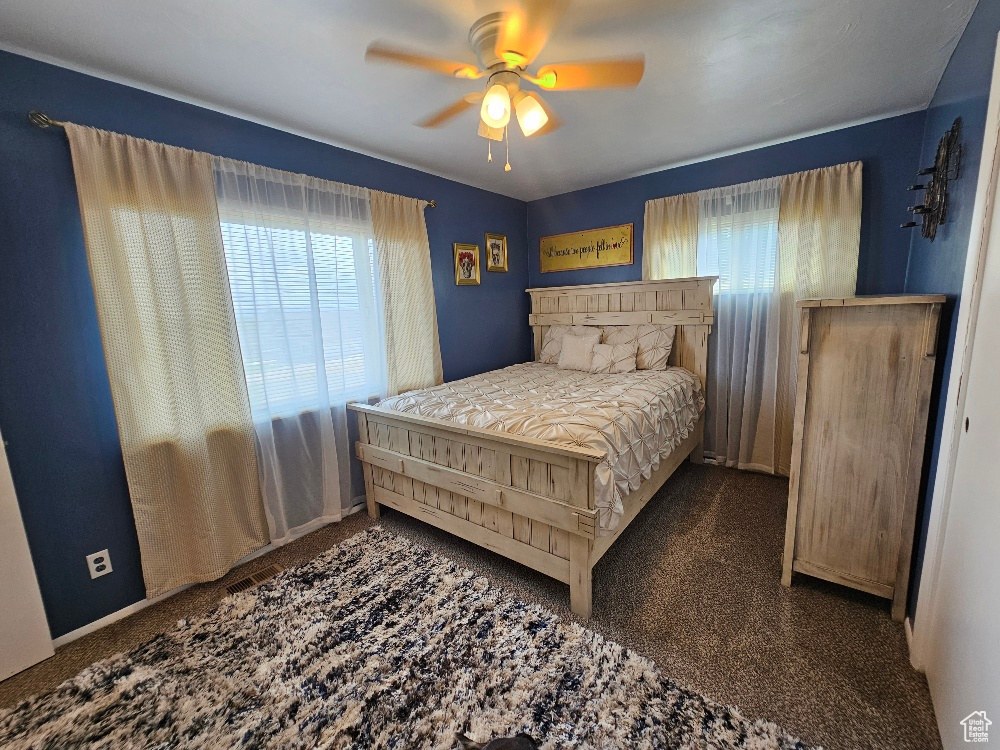 Carpeted bedroom with multiple windows and ceiling fan