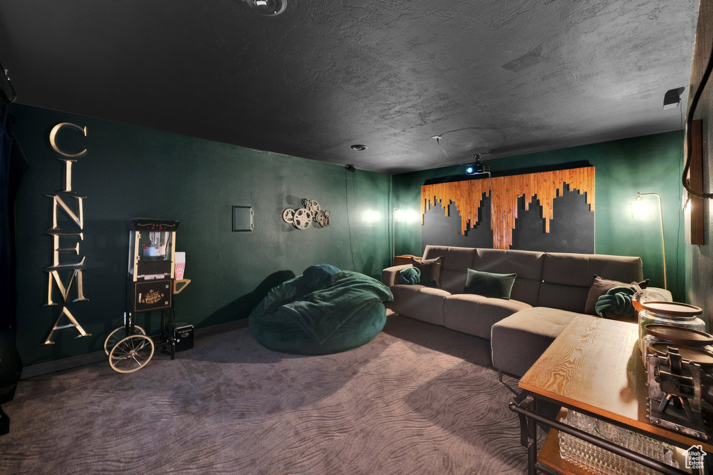 Cinema room featuring carpet flooring and a textured ceiling