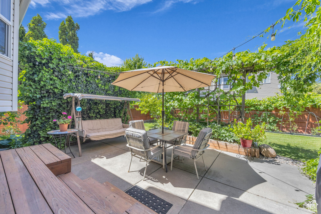 Fenced backyard featuring a patio and outdoor dining area